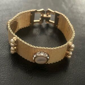 Vintage mesh bracelet gold plated with faux mother of pearl, and rhinestones.